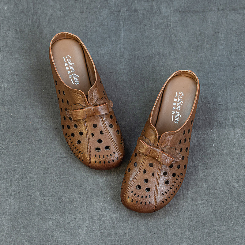 Women's Leather Bowknot Hollow Out Mid Heel Block Mule Shoes