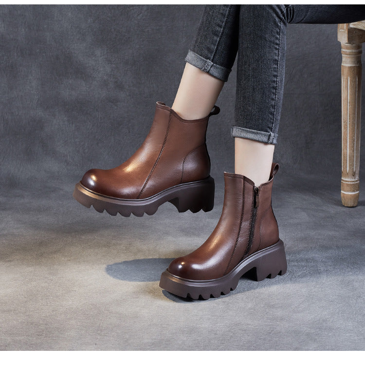 Women's Leather Ankle Boots – Platform Chunky Mid Heel with Side Zipper