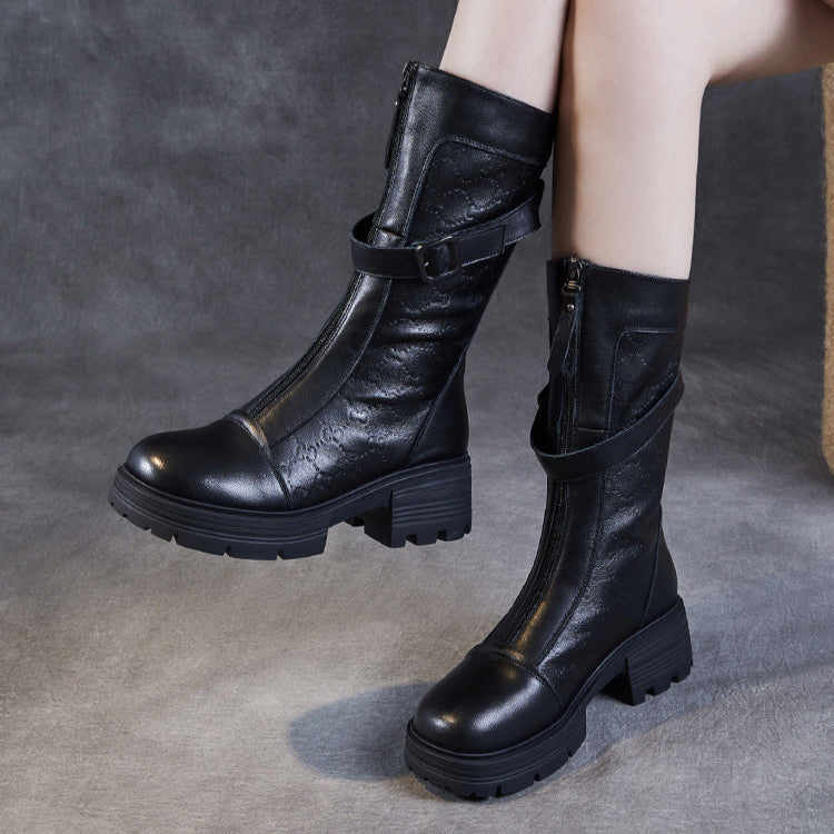 Women's Mid-Calf Embossed Genuine Leather Boots – Buckle Detail Chunky Heel Platform