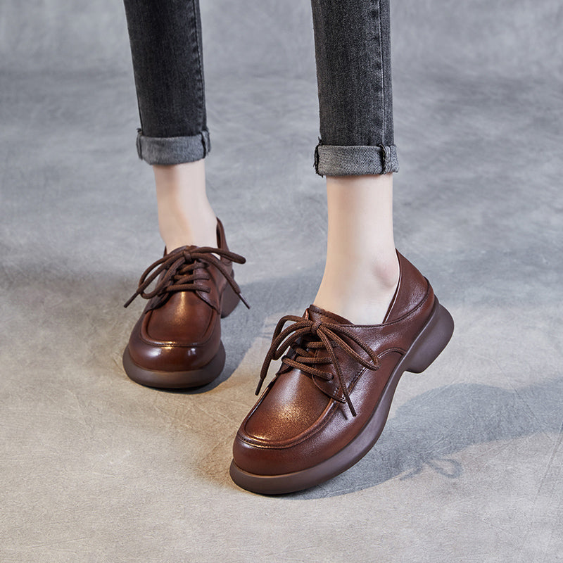 Women's Leather Comfortable Casual Chunky Heel Lace-Up Shoes
