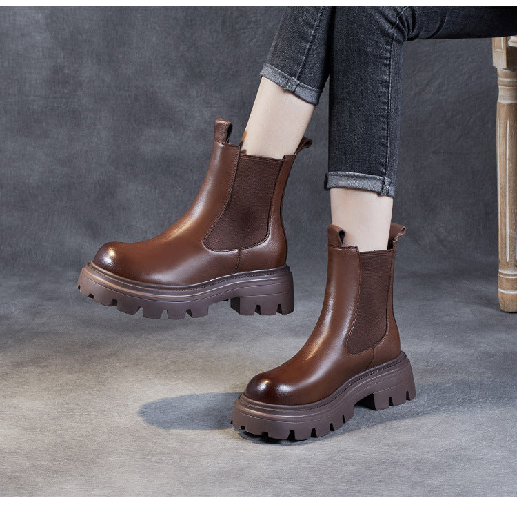 Women's Retro Genuine Leather Chelsea Boots – Chunky Platform Sole Ankle Boots
