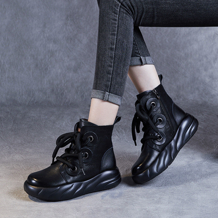 Women's Genuine Leather Lace-Up Ankle Boots – Casual Platform Chunky Sole
