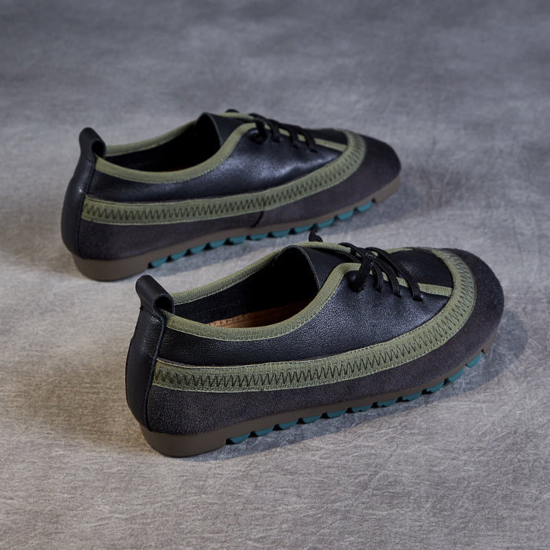 Women's Leather Casual Daily Walking Lace Up Flat Shoes