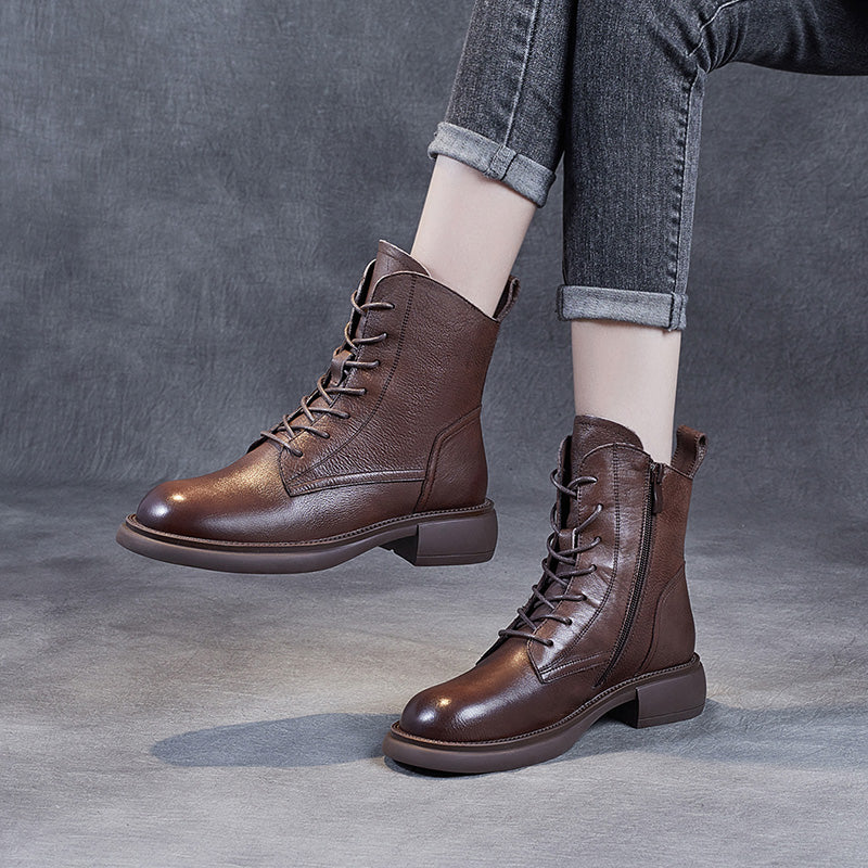 Women's Leather Vintage Zipper Lace Up Block Heel Ankle Boots