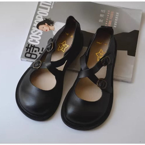 Women's Wide Fit Mary Jane Leather Flats – Handmade with Buckle Strap – Comfort Shoes