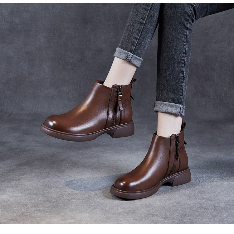 Women's Genuine Leather Casual Ankle Boots – Comfortable Double Zipper Design