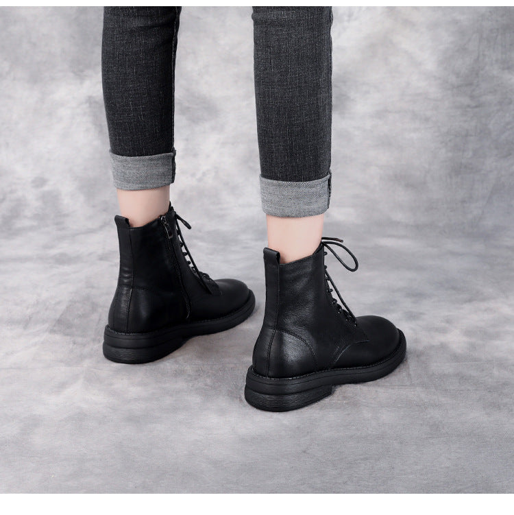 Women's Leather Casual Lace-Up Ankle Boots with Side Zipper Closure
