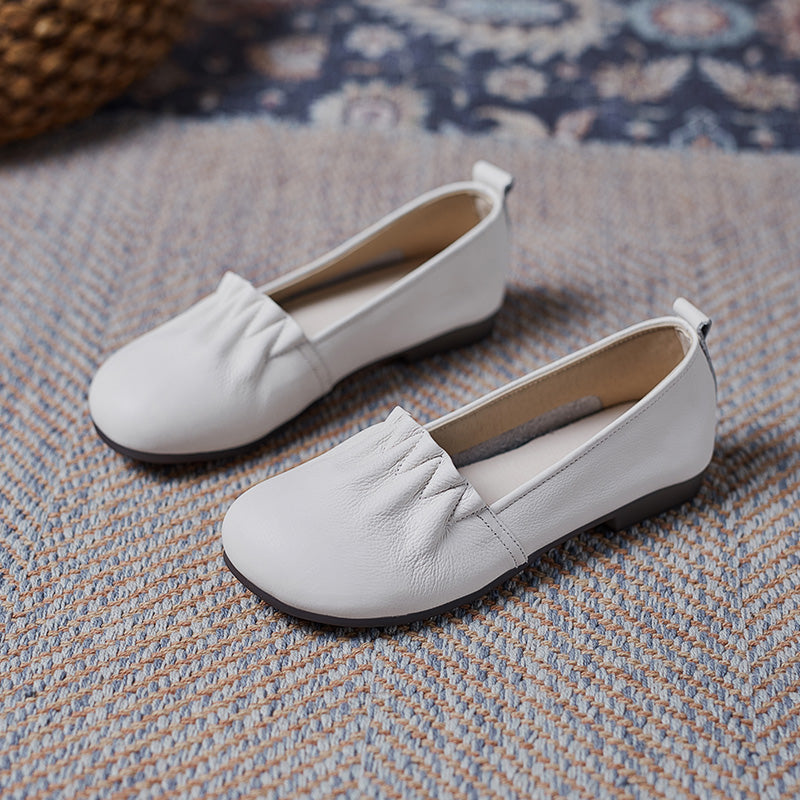 Women's Soft Leather Pleated Daily Slip-On Walking Flats