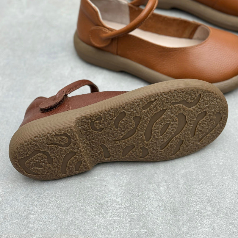 Women's Leather Handmade Soft Sole Round Toe Mary Jane Flat Shoes