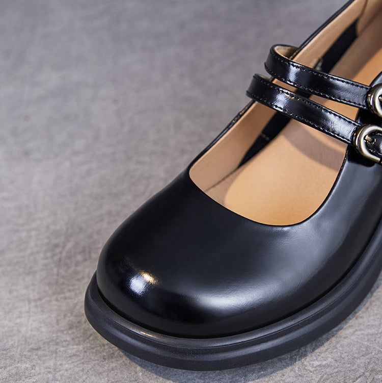 Double Buckle Leather Block heel Mary Jane Pumps Women's Shoes