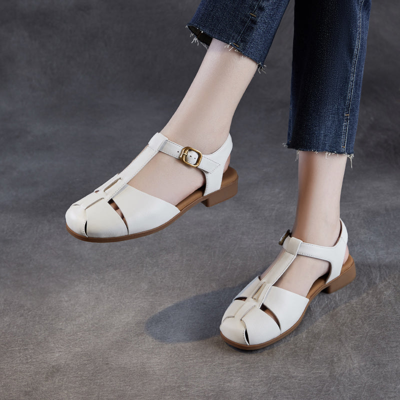 Women's Leather Summer Closed Toe T-Strap Comfort Sandals