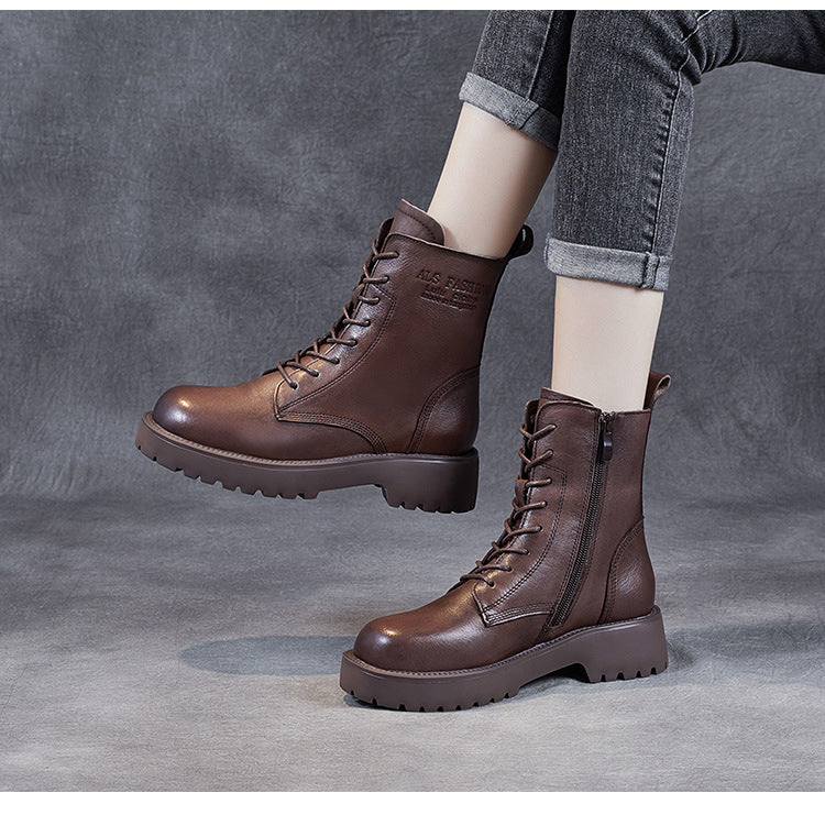 Women's Genuine Leather Casual Combat Boots with Side Zipper Closure