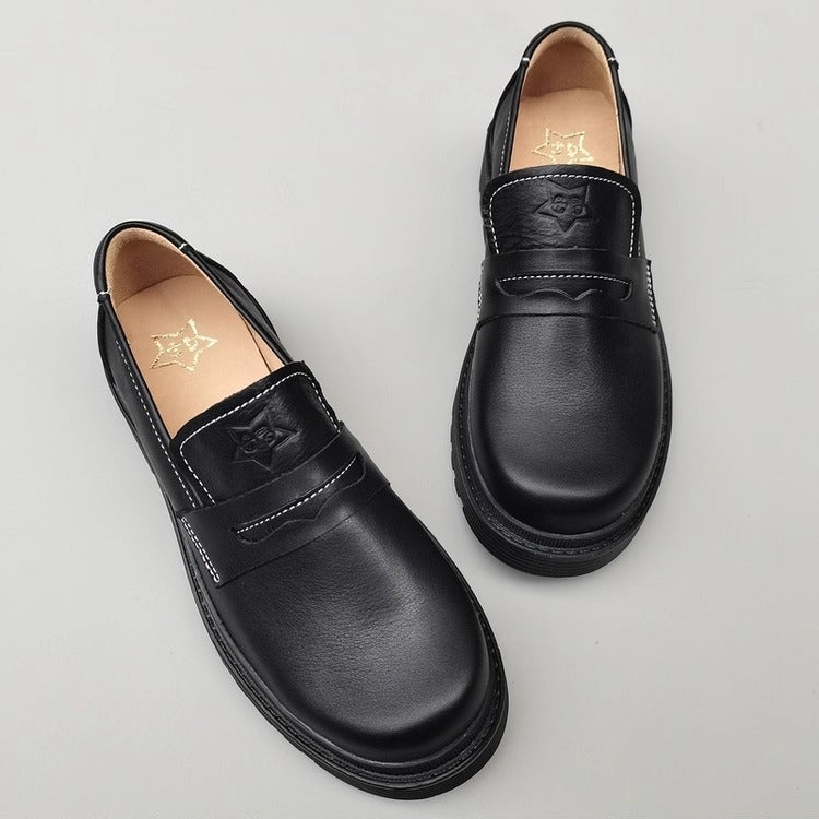 Women's Leather Mid Heel Chunky Loafers – Japanese Style & Non-Slip Sole