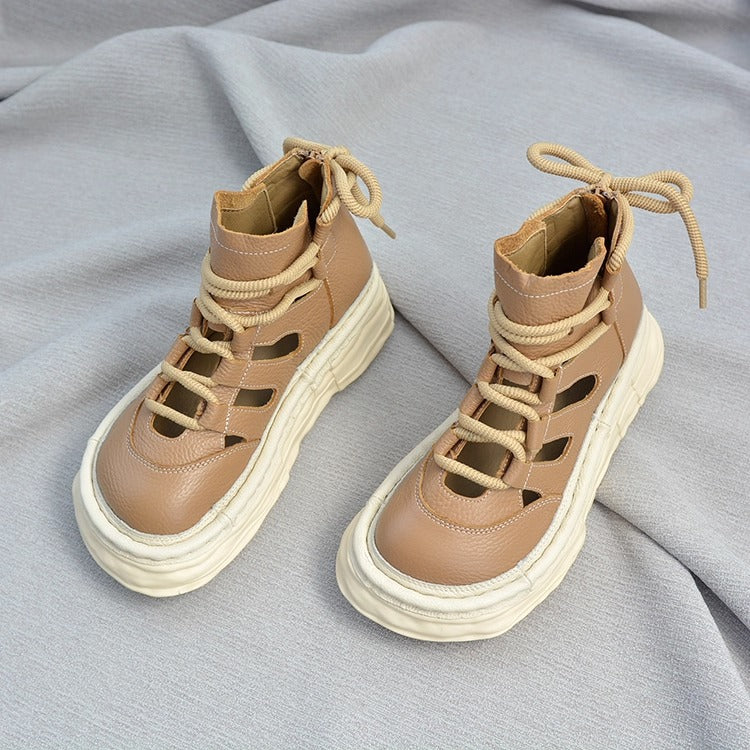 Women's Soft Leather Platform Ankle Boots – Lace-Up, Zipper, Cut-Out Design
