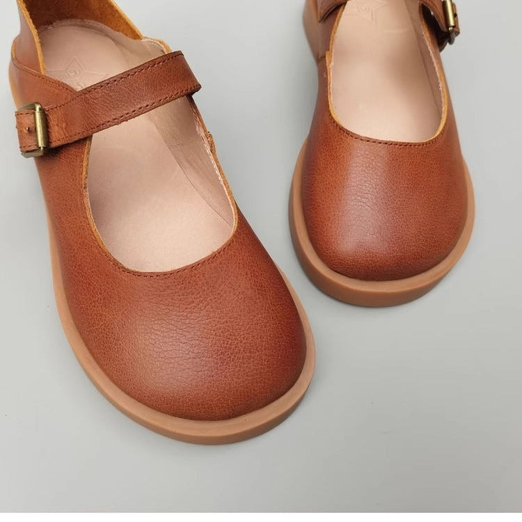 Women's Wide Toe Box Genuine Leather Mary Jane Flats – Buckle, Round Toe Shoes
