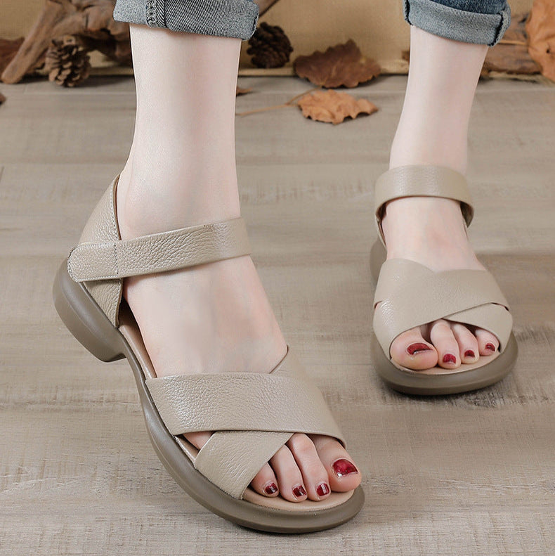 Women's Leather Classic Open Toe Mid Heel Chunky Sandals
