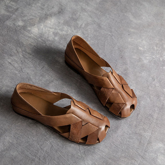 Women's Handmade Leather Retro Weaving Closed Toe Summer Flat Sandals