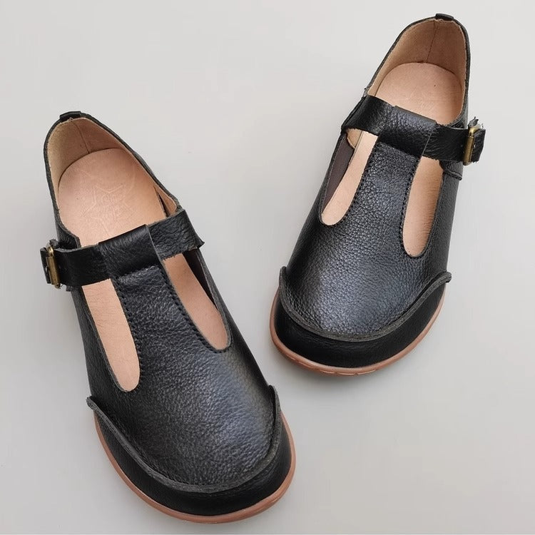 Handmade Vintage Genuine Leather Soft Lightweight T-Strap Mary Jane Shoes for Women