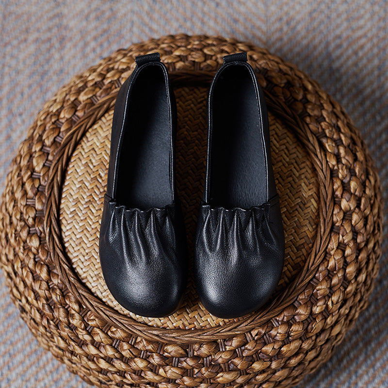 Women's Soft Leather Pleated Daily Slip-On Walking Flats