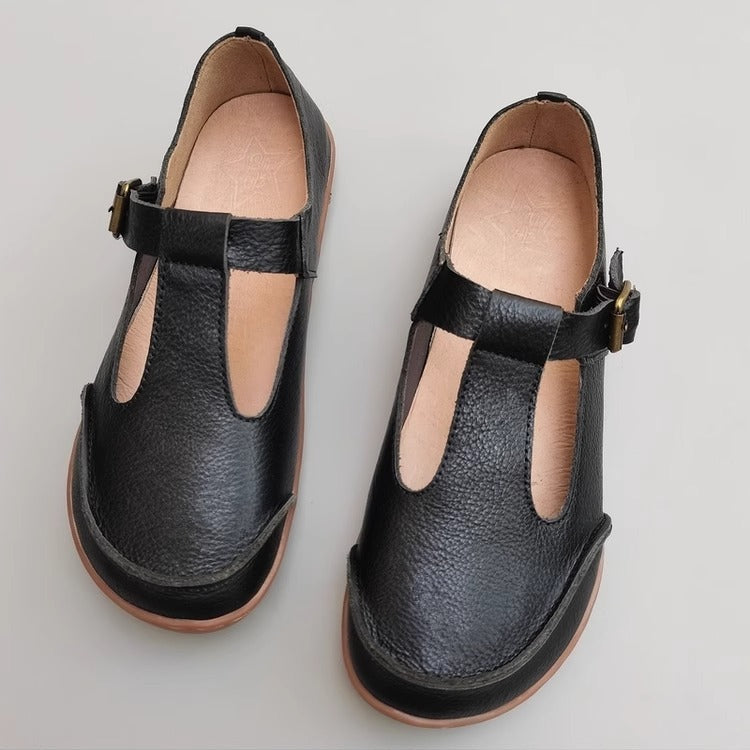 Handmade Vintage Genuine Leather Soft Lightweight T-Strap Mary Jane Shoes for Women