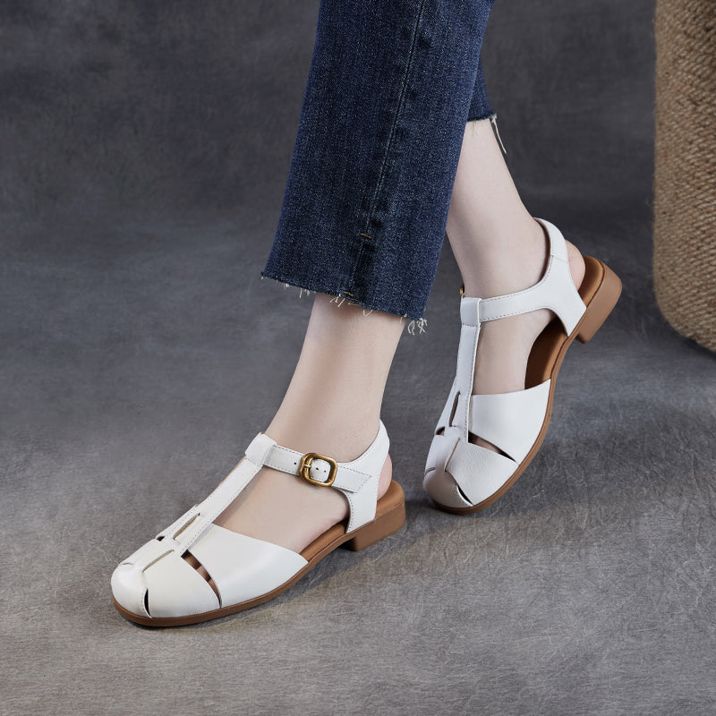 Women's Leather Summer Closed Toe T-Strap Comfort Sandals