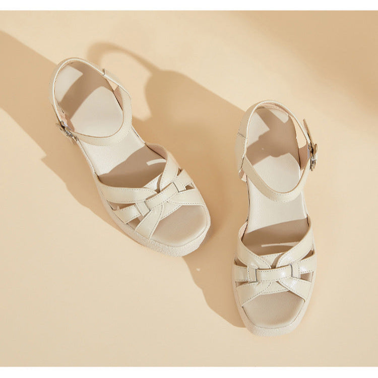 Women's Leather Summer Chunky Block Heel Ankle Buckle Sandals