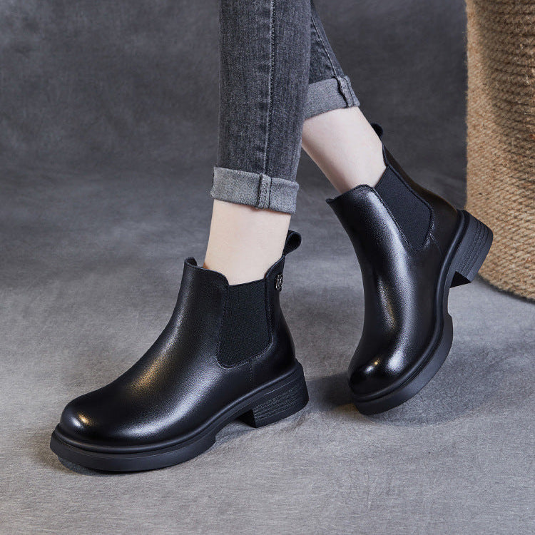 Women's Leather Short Boots – Chelsea Style Chunky Heel Comfort Shoes