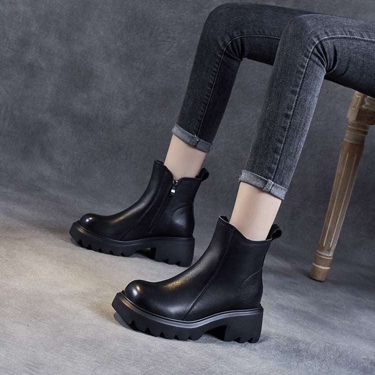 Women's Leather Ankle Boots – Platform Chunky Mid Heel with Side Zipper