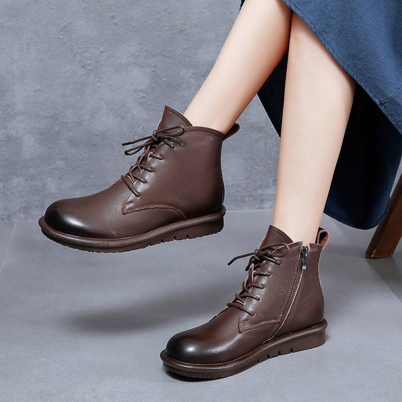 Women's Retro Leather Ankle Boots – Flat Sole, Lace-Up & Zipper