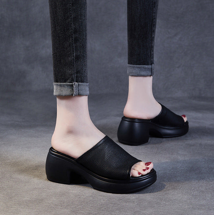 Women's Summer Open-Toe Chunky Heel Platform Mule Sandals – Soft Leather