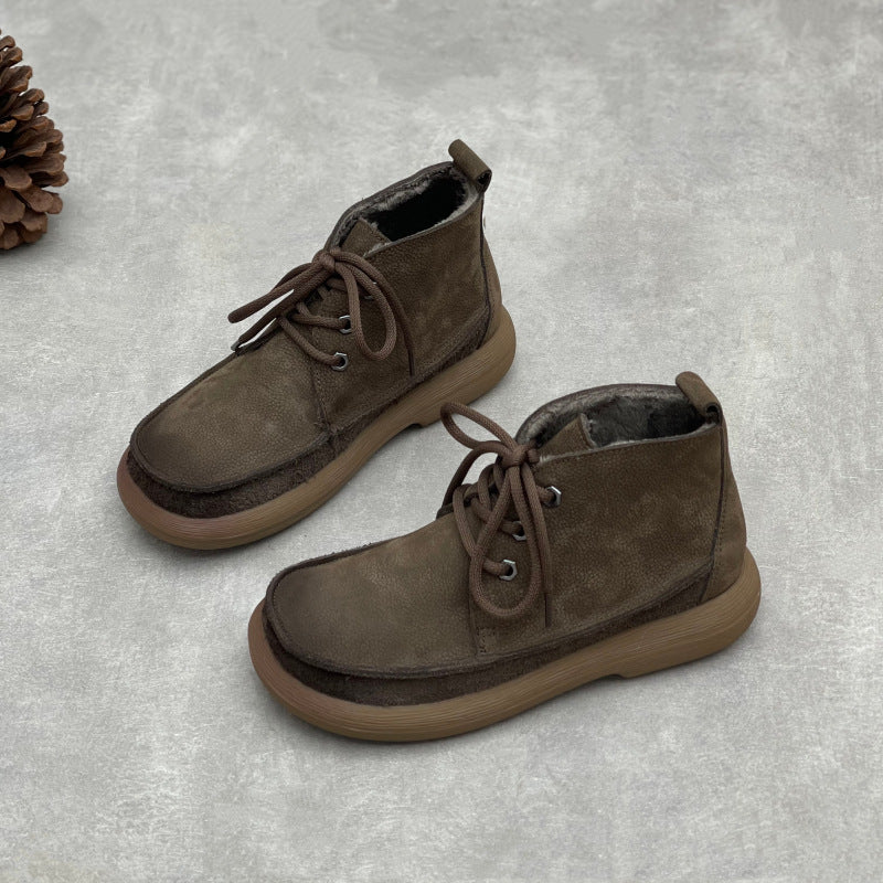 Women's Retro Leather Patchwork Boots – Lace-Up Soft Short Ankle Shoes