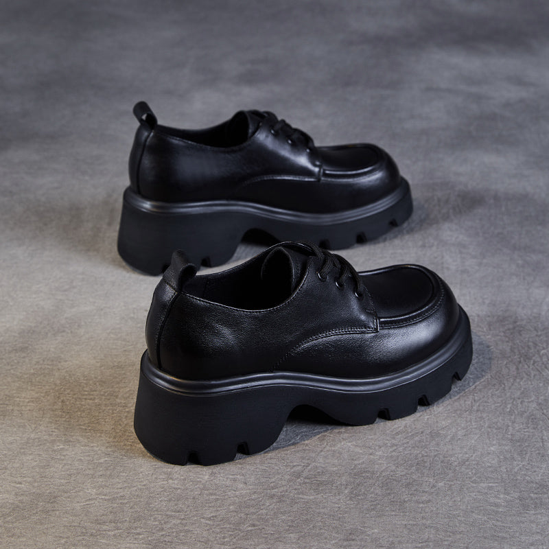 Women's Leather Chunky Heel Lace-Up Oxfords