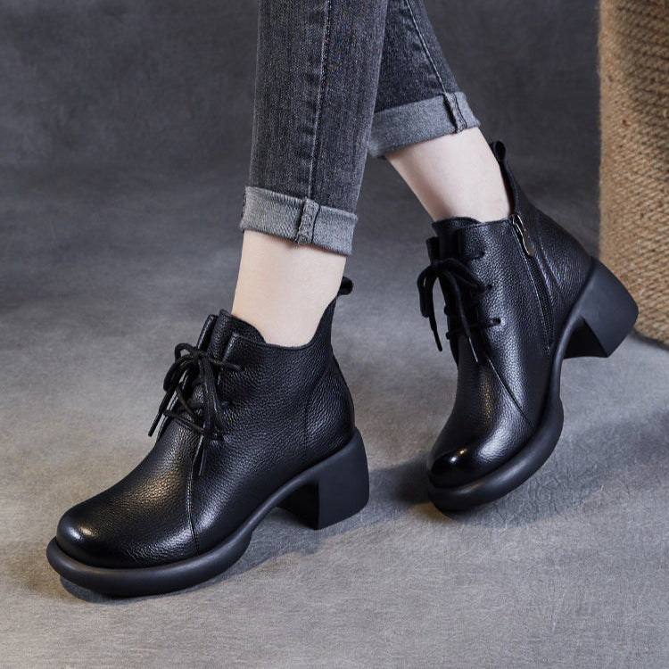 Women's Casual Lace-Up Ankle Boots – Round Toe Block Heel with Side Zipper