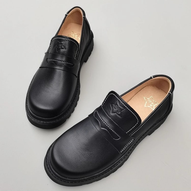 Women's Leather Mid Heel Chunky Loafers – Japanese Style & Non-Slip Sole