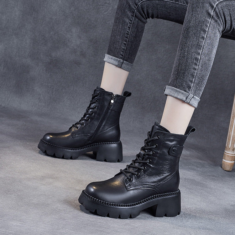 Women's Genuine Leather Combat Boots – Platform Chunky Heel with Side Zipper