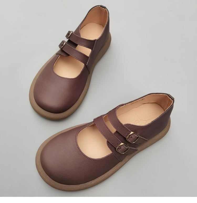 Women's Wide Toe Box Double Buckle With Handmade Leather Mary Jane Flats