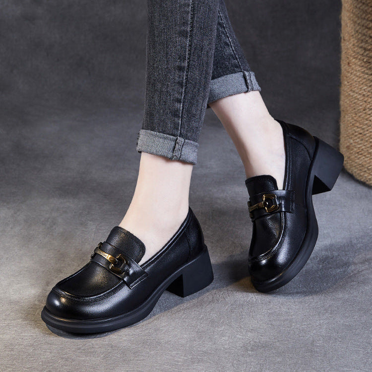 Women's Genuine Leather Loafers – Mid Heel Slip-On Shoes with Metal Accent