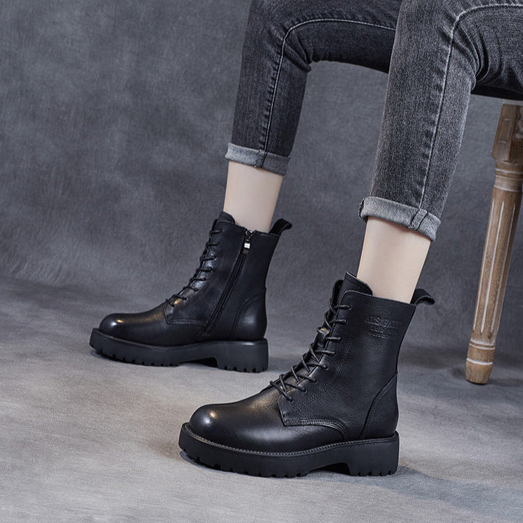 Women's Genuine Leather Casual Combat Boots with Side Zipper Closure