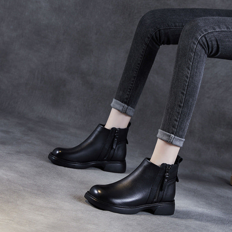 Women's Genuine Leather Casual Ankle Boots – Comfortable Double Zipper Design