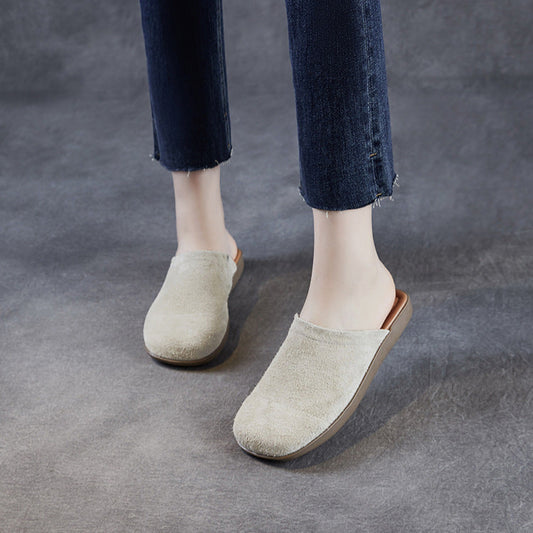 Women's Minimalist Nubuck Mules - Round-Toe Flat with Slip-On Ease