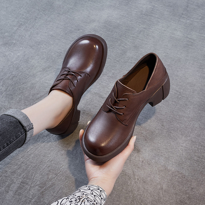 Women's Leather Retro Lace-up Block Heel Oxford Shoes
