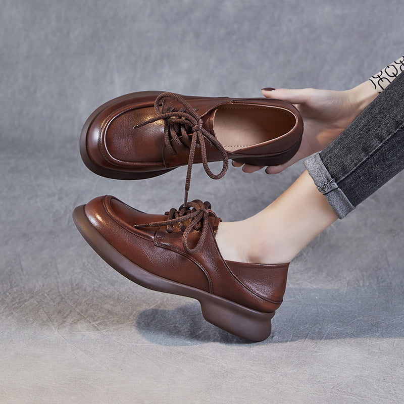 Women's Leather Comfortable Casual Chunky Heel Lace-Up Shoes