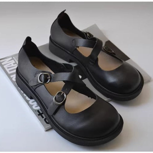 Women's Wide Fit Mary Jane Leather Flats – Handmade with Buckle Strap – Comfort Shoes