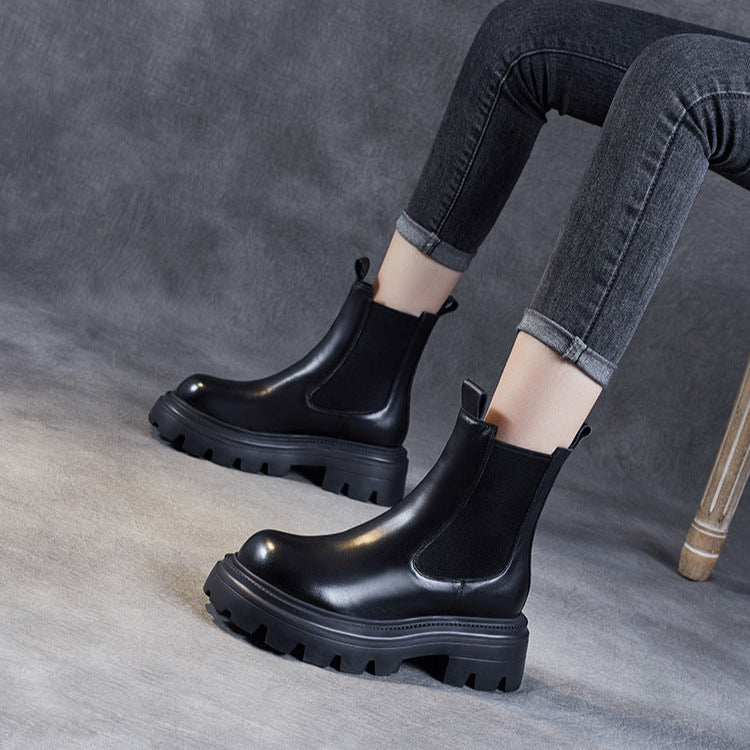 Women's Retro Genuine Leather Chelsea Boots – Chunky Platform Sole Ankle Boots