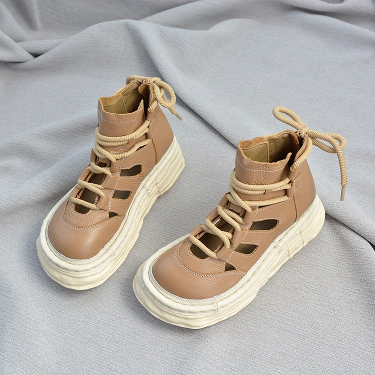Women's Soft Leather Platform Ankle Boots – Lace-Up, Zipper, Cut-Out Design