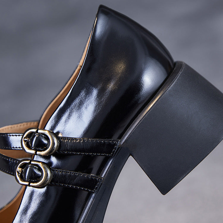 Double Buckle Leather Block heel Mary Jane Pumps Women's Shoes