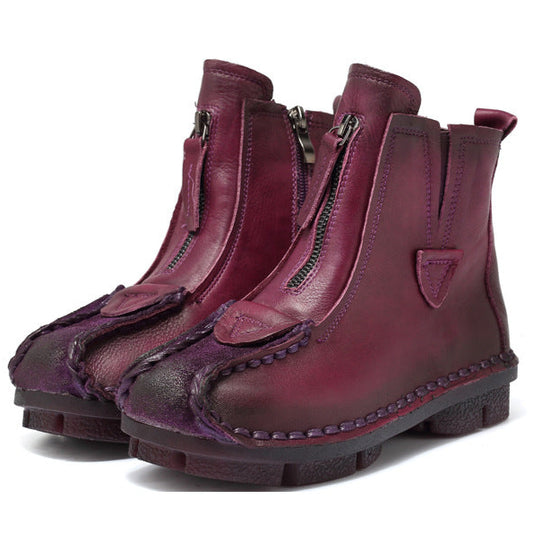 Women's Retro Leather Short Boots – Handmade Stitch Detail & Side Zipper