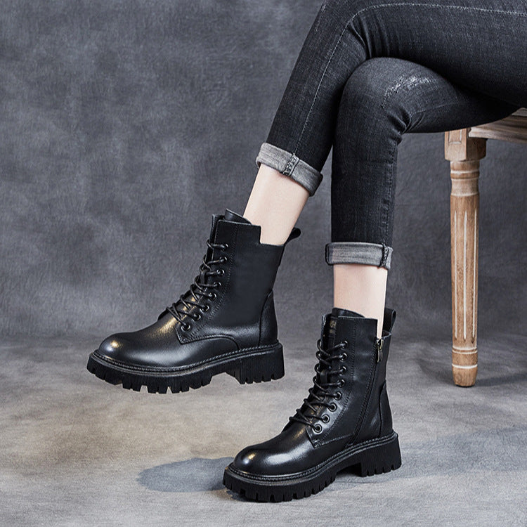 Women's Casual Genuine Leather Boots – Ankle Length with Zipper