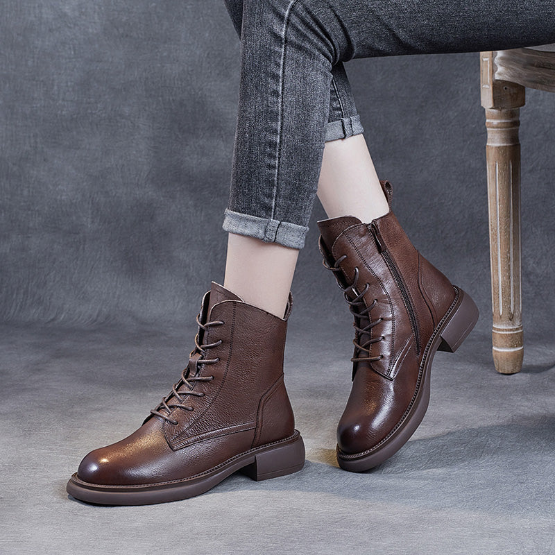 Women's Leather Vintage Zipper Lace Up Block Heel Ankle Boots