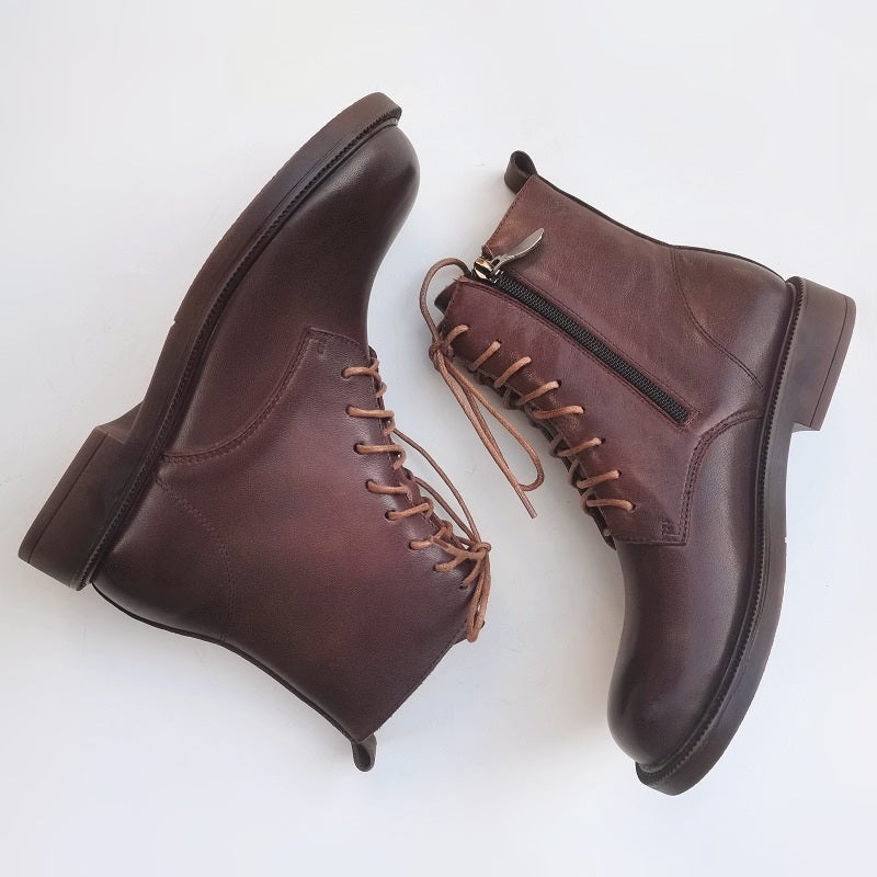 Women's Vintage Wide Toe Genuine Leather Ankle Boots – Handmade, Soft Sole, British Style